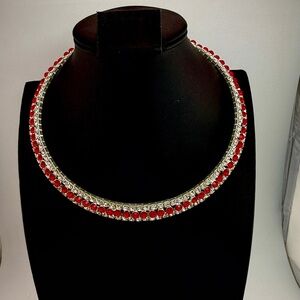 Elegant Silver Toned and Bright Red And White Rhinestone Choker/Necklace